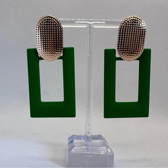 NEW Bright Kelly Green Gold Lightweight Statement Earrings Geometric Art Deco - Picture 5 of 13